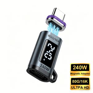TEMU USB-C 마그네틱 PD 240W 고속 충전 어댑터, LED 디지털 디스플레이, 16K HD 비디오, 80Gbps, 아이폰 17/16/15, 맥북 프로/아이패드, 삼성 태블릿 & 노트북 호환