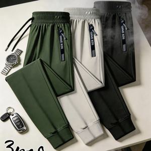 TEMU 남성용 플러스 사이즈 아이스 실키 섬유 고탄력 팬츠 3개 세트, 지퍼 포켓 & 조절 가능한 허리 - 캐주얼, 사무실, 헬스장, 여행에 적합한 통기성 바지, 기계 세탁 가능 루즈핏 운동복
