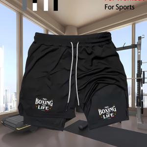 TEMU 남성용 프린트 속건성 통기성 운동용 반바지 - 이중 레이어 흡습성 땀 흡수 헬스 트레이닝 반바지, 복싱, 달리기, 하이킹에 적합, 기계 세탁 가능 운동 및 아웃도어 스포츠 의류