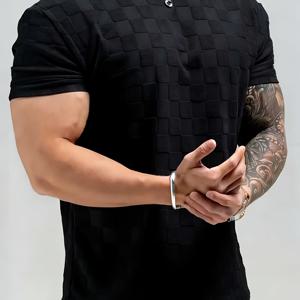 TEMU 남성 여름 패션 캐주얼, 230G 체크 니트 자카드 원단, 라운드넥 루즈핏 반팔 상의 티셔츠, 데일리 출퇴근, 휴가 필수템 선물