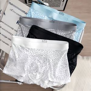 TEMU 남성용 여름 심리스 레이스 시스루 오픈프론트 플랫바텀 속옷 4종 세트 - 섹시하고 편안하며 통기성 좋고 패셔너블한 사각팬티