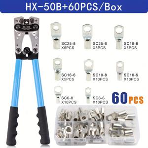 TEMU 1세트 HX-50B 구리 러그 크림핑 도구 키트 - 60개 10-1 AWG 구리 링 터미널, 효율적인 와이어 연결을 위한 8가지 크기의 케이블 러그 세트, 구리 러그