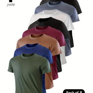 TEMU 아미 그린, 네이비 블루, 카키, 버건디, 블랙, 화이트, 그레이, 블랙 믹스 8개입 울트라 라이트 남성용 크루넥 티셔츠 - 피트니스, 헬스장, 달리기용 속건성, 통기성, 땀 흡수성 셔츠, 가볍고 편안한 스포츠 및 피트니스 훈련용 속건성 수분 흡수성 반팔