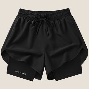 TEMU 1개 여성용 캐주얼 스포츠 페이크 투피스 반바지, 단색, 트렌디하고 다재다능한, 3점 바지, 탄성 밴드 드로스트링, 야외 스포츠 사이클링, 4점 바지, 요가 운동 바지