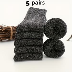TEMU 남성용 두꺼운 울 혼방 양말 5켤레 - 겨울용 중간 종아리까지 오는 포근한 양말, 15% 울, 5% 스판덱스 및 80% 폴리에스터 소재, 추운 날씨에 적합한 부드럽고 따뜻한 캐주얼 양말, 선물 준비 완료 포장 (진회색, 연청색, 갈색, 해군파랑, 베이지, 흰색)