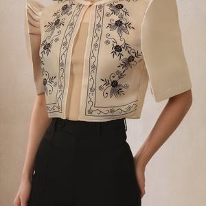 TEMU 필리피니아나 테르노, 나비 소매 테르노, 봄/여름용 여성 , 단색 및 패턴 프린트, 에스닉 스타일, 모던 필리피니아나, 퍼프 소매, 직장, 외출용 및 활용도 높은 캐주얼 셔츠 상의, 여성을 위한 모던하고 우아한 필리피니아나 복장, 모던 보레로필리피니아나