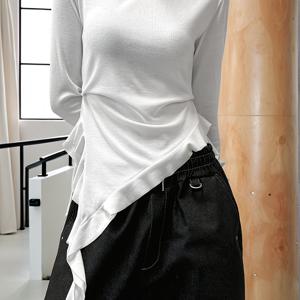 TEMU 봄 가을 패션 신상 스타일, 간편하고 분위기 있는 캐주얼 디자인, 다재다능한 트렌디한 솔리드 아сим메트리치ム 롱 슬리브 탑, 봄 나들이, 휴가 여행, 야외 모임 및 파티에 적합