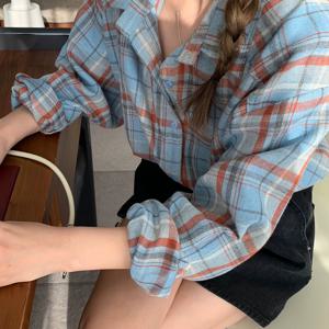 TEMU 화이트닝 브러시 블루 체크 롱슬리브 루즈핏 셔츠 봄, 여름, 가을 롱슬리브 폴로 칼라 셔츠 패셔너블, 해외, 연령 감소, 루즈핏, 롱슬리브 셔츠 탑