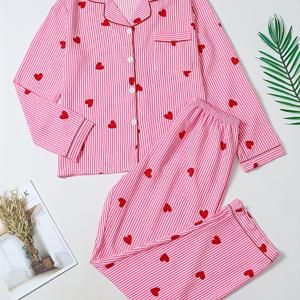 TEMU 2pcs 여성용 잠옷 세트, 봄/여름, 칼라 긴팔 및 긴 바지, 가을/겨울용 가디건, 귀여운 하트 패션 프린트