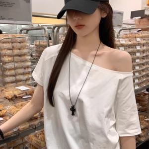 TEMU 여름 Y2K 캐주얼 패션 루즈핏 활용도 높은 원숄더 반팔 티셔츠 여성용 오프숄더 상의