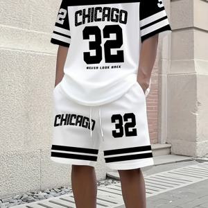 TEMU 2개 세트 남성용 블랙 & 화이트 대조 티셔츠와 반바지 세트 - 대담한 '32' 넘버 디자인, 시카고 워드 디자인, 통기성 좋은 레귤러 핏 - 일상 및 정장용 - 세탁기 사용 가능한 캐주얼 반팔 반바지 세트, 청소년 및 성인을 위한 선물, 야외 활동용 셔츠, 스포티한 스타일, 내구성 있는 편안한 소재