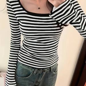 TEMU 가을 여성용 스퀘어넥 블랙 앤 화이트 긴팔