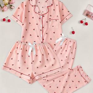 TEMU 우아한 여성용 반팔 반바지 및 긴바지 이상적인 체크 패턴 ラペル 칼라 작은 체리 프린트 리본 파자마 3피스 세트 라운지웨어 세트