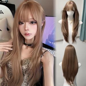 TEMU 26인치 샴페인 브라운 긴 헤어의 풀 웨이그 ( 앞머리 포함), 데일리룩에 완벽, 할로윈, 뮤직 페스티벌용 볼륨 강화, 통기성 좋음, 파티 및 모임에 다용도로 활용 가능, 털 빠짐 없이 부드러움, 사진 촬영에 이상적