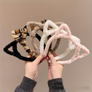TEMU 프린트 플러시 고양이 귀 머리띠 5개 세트, 귀여운 빈티지 스타일 여성용 헤어 액세서리, 메이크업, 세안, 야외 활동에 적합