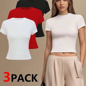 TEMU 3개 묶음 솔리드 라운드넥 반팔 티셔츠, 봄 여름 여성 패션 기본적인 타이트한 운동용 베이스 레이어 탑