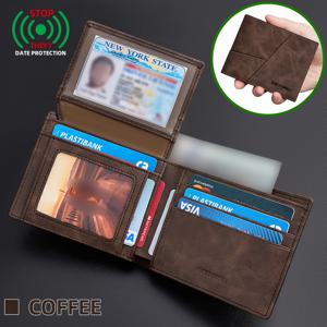 남성용 탑그레인 가죽 삼단 지갑, 정품 가죽 카드홀더 ID 홀더, RFID 방지 디자인, 사진 슬롯 2개