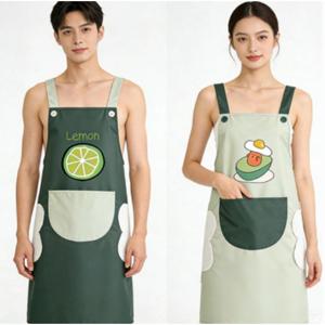 TEMU 2개 주방 앞치마 여성 방수 앞치마 귀여운 캐릭터 앞치마 업소용 다용도 앞치마 미술공방 앞치마, 그린