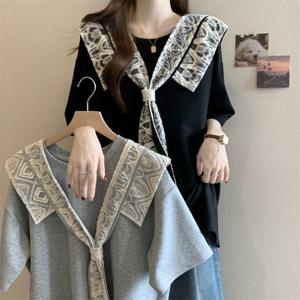 TEMU 여성 레이스 세일러 빅카라 반팔 티셔츠 루즈핏 빅사이즈 체형커버 날씬해보이는 여름 반소매 티 상의 꾸안꾸 데일리 러블리 데이트룩 마실룩