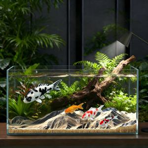 4개 세트 초현실적인 방갈로 코이 물고기 탱크 조경, 스트레스 해소 및 장식품, 레진 및 변색 방지, 유지 보수 불필요 물고기 장식, 실내 민물 탱크 및 연못에 범용