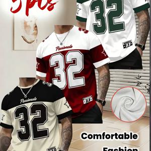 남성용 신상 티셔츠 3pcs 세트 - 퀵드라이 크루넥 티셔츠, 블랙 넘버 32 디자인 - 통기성 스트리트웨어 탑, 헬스장, 일상복, 정장용 - 세탁기 사용 가능 폴리에스터 피트니스 셔츠, 스트레치 소재 캐주얼 티셔츠, 피트니스 애호가를 위한