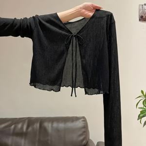 TEMU 프렌치 젠틀 스타일 타이업 가디건 여성 여름 신상 스칼렛 트림 숏 자외선 차단 겉옷 긴소매 커버업