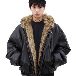 [징모 남성용 인조 가죽 개성 스타일 재킷 양면 착용, 모자 및 인조 모피 안감이 있는 남녀공용, 패셔너블한 버튼 스타일 지퍼 재킷, 멀티 포켓 디자인, 겨울 일상복 및 특별한 날에 적합]