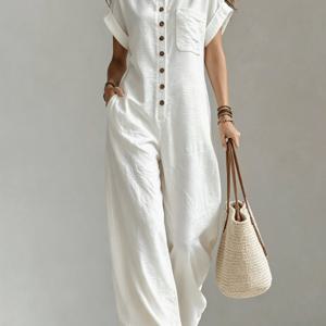 TEMU 여름 화이트 반팔 점프수트 여성용 칼라 싱글 로우 버튼 루즈 캐주얼 카고 오버롤 루즈 드레이프 롱 트라우저 데일리 출퇴근 캐주얼 올매치 패션 편안한 의류