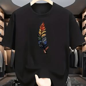 예술적이고 긴장감이 가득한 정교한 화려한 깃털 패턴 프린트 크루넥 반팔 티셔츠, 트렌디한 스타일 연출