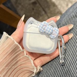 TEMU 파란색 격자형 리본과 투명 고양이 귀 특수 모양 이어폰 케이스가 매치된 귀여운 고급스러운 케이스, 에어팟 프로 2, 프로 3 및 4 무선 이어버드와 호환, 남자친구와 여자친구를 위한 이상적인 선물