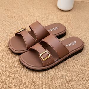 TEMU 여성용 플랫 슬립온 슬리퍼, 여름용, 아웃도어용, 사계절용, 싱글 스트랩 슬라이드, 패셔너블한 소프트 솔 빈티지 버클 스트랩 비치 샌들, 여성 신발