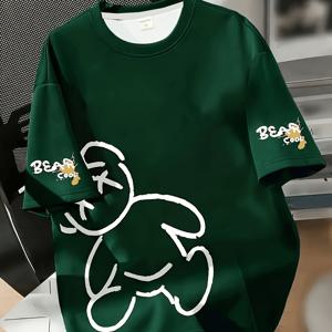 TEMU 디지털 프린트 - 남성용 그린 티셔츠 - 흰 토끼와 곰 패턴 프린트, 루즈핏 캐주얼 여름 반팔 크루넥 셔츠, 통기성 좋은 원단, 세탁기 사용 가능, 편안한 스트리트 스타일, 편안한 핏, 재미있는 디자인, 내구성 좋은 프린트 탑