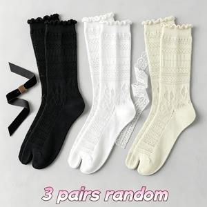 TEMU 3켤레 랜덤 혼합 색상 여성 레이스 트림 분할 발목 양말, 봄/여름 트렌디한 블랙 앤 화이트 할로우 아웃 우아한 통기성 패션 중간 길이 양말