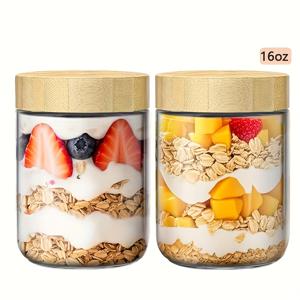 TEMU 뚜껑이 있는 유리컵 2개 세트, 각 480ml(16oz) 용량으로 밤에 오트밀, 요거트, 치아씨드 간식, 향신료 보관에 이상적입니다. 이 튼튼한 유리 식품 보관 용기는 주방 정리 및 식사 준비에 완벽합니다.