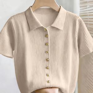 TEMU Franclia 뉴 서머 캐주얼 루즈 다용도 심플 데일리 레저 하이엔드 디자인 소프트 폴로 셔츠, 통근 직장 메탈 버튼 오피스 하이엔드 보수적인 슬림핏 여성 남녀공용 카디건 여성용 골지 셔츠 컬리지 스타일 버튼업 탑 크림 셔츠 탑 큐트 ZLLZ
