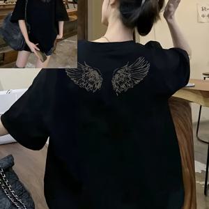 TEMU 여성용 윙 프린트 티셔츠 - 여름용 반팔 라운드넥 블라우스, 날개 & 날개가 있는 캐주얼 폴리에스터 상의, 봄/여름 캐주얼 복장을 위한 기계 세탁 가능한 불투명 셔츠 (비옷장 베이직)