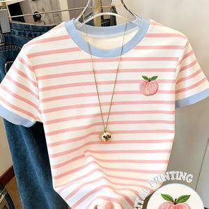 TEMU [프린트 디자인 – 텍스처 아님] 스위트 앤 유스풀 디지털 프린트 복숭아 핑크 & 화이트 컬러 블로킹 라운드넥 반팔 티셔츠 여성용, 여름 캐주얼 출퇴근, 부드럽고 귀여운 스타일, 다용도 상의