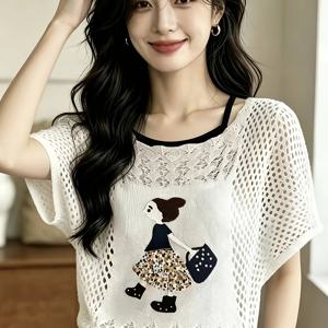 TEMU 2026년형 얇은 에어컨 셔츠 반팔 티셔츠 속이 빈 커버업 루즈핏 여름 배트윙 탑 여성용 자외선 차단 탑