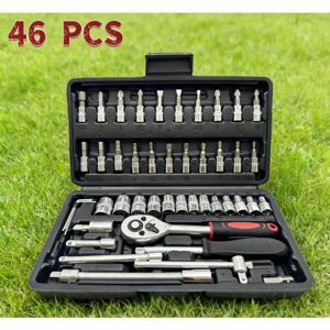 TEMU 블랙 신형 46pcs 헤비 듀티 다기능 자동차 및 수리 공구 세트: 1/4인치 드라이브 소켓 렌치 세트 (드릴 소켓 세트, 미터법 및 연장 로드 포함), 스크루드라이버 공구 상자 세트, 자동차 수리 및 가정용으로 적합, 보관 상자 포함