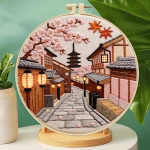 TEMU 사랑의 벚꽃 거리 DIY 자수 키트 풀세트 1개 (성인 초보자용) 자수틀, 바늘, 실, 패턴 포함 - 가정 장식용 풍경 공예, 힐링 선물, 사무실 장식용 수제 행잉 아트