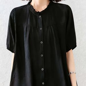 TEMU 블랙 러플 라운드넥 반팔 셔츠, 신상 여성 여름 스타일, 패셔너블하고 우아함, 나이감 감소, 루즈핏 셔츠, 캐주얼하고 다재다능한 상의