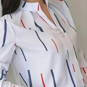 TEMU 여성용 프린트, 작은 스탠드 칼라, 정교한 버튼이 특징인 우아한 긴팔 셔츠. 봄, 여름 출퇴근 및 일상 외출에 적합한 아름다운 여성 셔츠, 여름 상의, 긴팔 V넥, 스타일리시한 블라우스