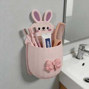 TEMU 1개 귀여운 토끼 모양 정리함, 리본 장식, 공간 절약형 벽걸이 칫솔 및 치약 홀더, 욕실 액세서리
