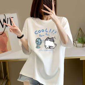 TEMU Y2K 일본 및 한국 스타일 귀여운 고양이 부채 패턴 티셔츠 - 남녀공용 루즈핏 반팔 라운드넥 여름 캐주얼 티셔츠, Cool! Run for Me 레터링 및 데칼 디테일, 고양이 티셔츠, 스트리트 패션, 데일리웨어, 재미있는 디자인