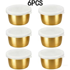 2/4/6개-1.5oz 스테인리스 스틸 소스 컵, 투명 뚜껑 포함 - 드레싱 컵, 샐러드 드레싱 용기, 재사용 가능한 소스 컵, 다양한 소스용 디핑 접시 - BBQ, 피크닉, 캠핑 및 주방 보관용으로 완벽, 테마(럭셔리 골든)