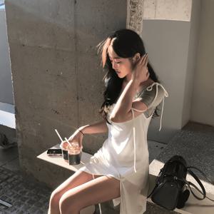 TEMU 한국 스타일 오프숄더/넥 레이어드 드레스 - 비대칭 레이스업 스파게티 스트랩 탱크 드레스, 데일리웨어, 사무실, 레이어링에 적합한 단색 원피스