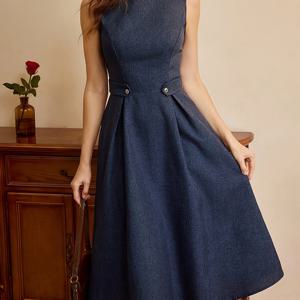 TEMU 여성 봄/여름 우아한 민소매 라운드넥 허리 주름 A라인 미디 드레스, 비즈니스 캐주얼 드레스, 휴가, 데이트룩으로 적합