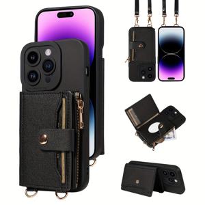 TEMU 휴대폰 케이스 - 아이폰 15/15Plus/15Pro/15Promax, 아이폰 14/14Plus/14Pro/14Promax에 적합한 미러 및 긴 드로스트링이 있는 미끄럼 방지 크로스바디 가방, 다기능 지퍼 카드 수납 인조 가죽 휴대폰 케이스 커버