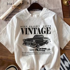 빈티지 자동차 프린트 티셔츠, 폴리에스터 100% 크루 넥, 중간 스트레치 니트 재질, 캐주얼 스포츠 스타일, 봄/여름 탑, 180g/m² - 레드
