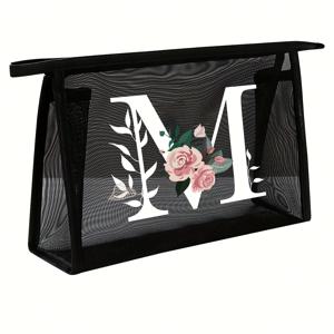 TEMU 1/2개 검정색 메시 세면도구 가방, 핑크 꽃과 흰색 글자 A-Z가 있는 대용량, 투명 메시 화장품 보관 가방, 다기능 여행용 휴대용 가방, 립스틱 및 제품 정리함, 학생 문구 파우치, 메시 지퍼 가방
